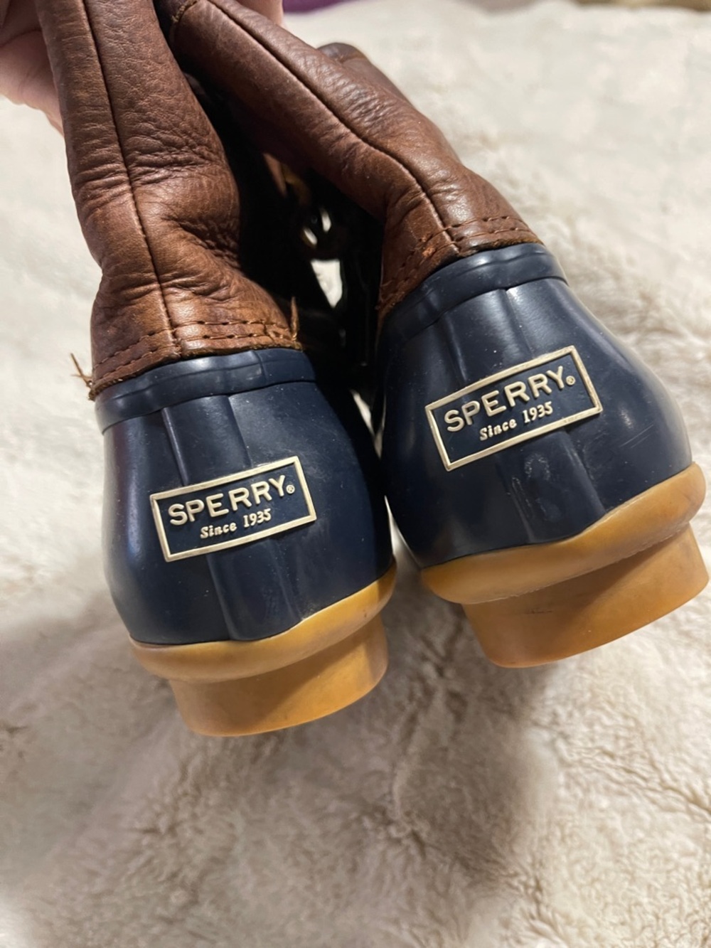 Sperry Brown Leather and Navy Rubber-Trim Boat Shoes